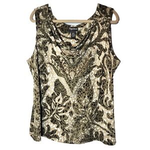 Maggie Barnes Cowl Neck Leaf Print Olive/Cream Tank Top Size 1X 18/20 Career